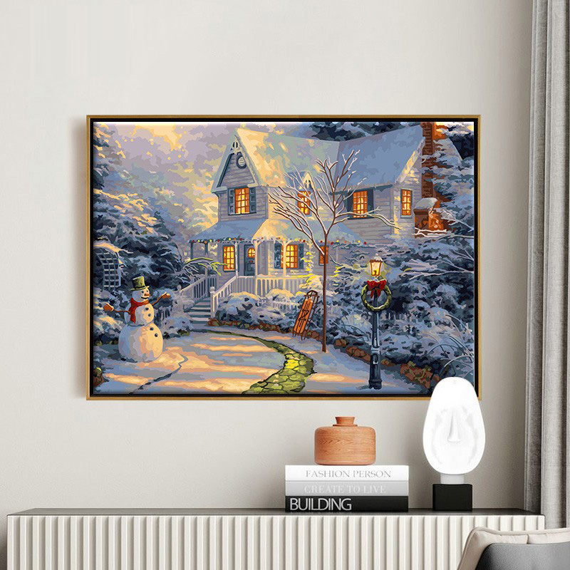 数字油画diy填色丙烯装饰手工手绘客厅填充风景冬夜雪景画画油彩图片