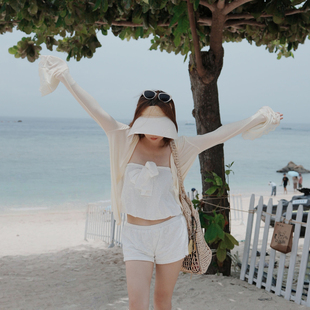 LADYFF2025夏秋季淡黄色防晒罩衫女蕾丝喇叭袖薄款针织开衫上衣