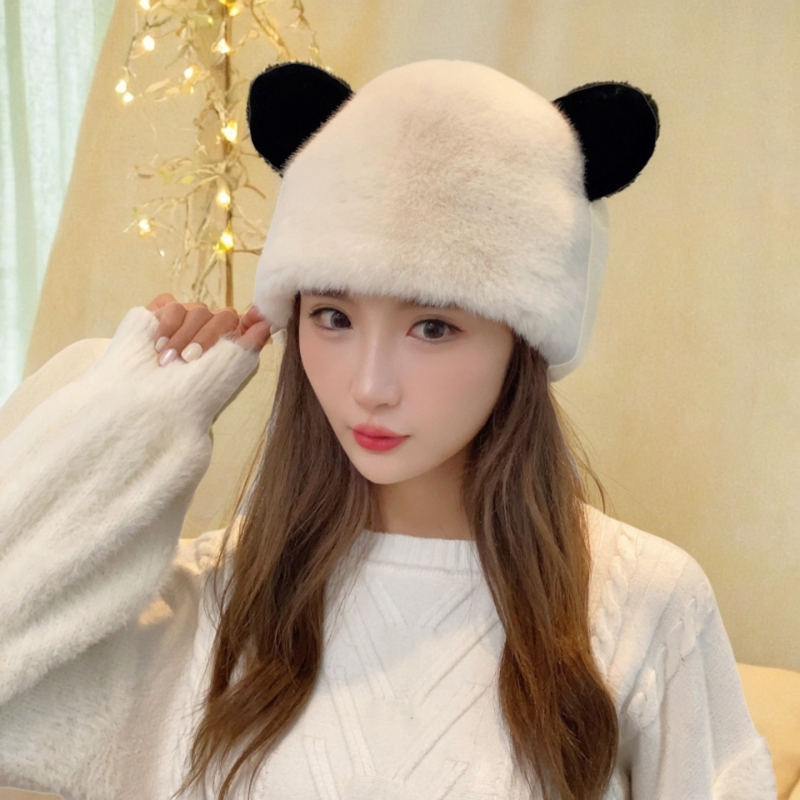 2025年懒兔毛绒绒帽子带耳朵秋冬保暖女士加厚护耳皮毛一体熊猫帽