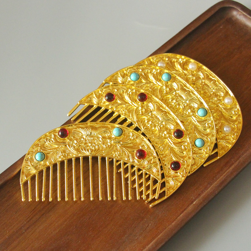 唐风发梳古风半月富贵花插梳