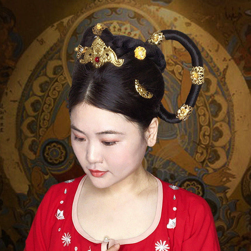 坦领汉服头饰敦煌飞天舞蹈双环发髻发饰套装古典舞供养人发簪发冠