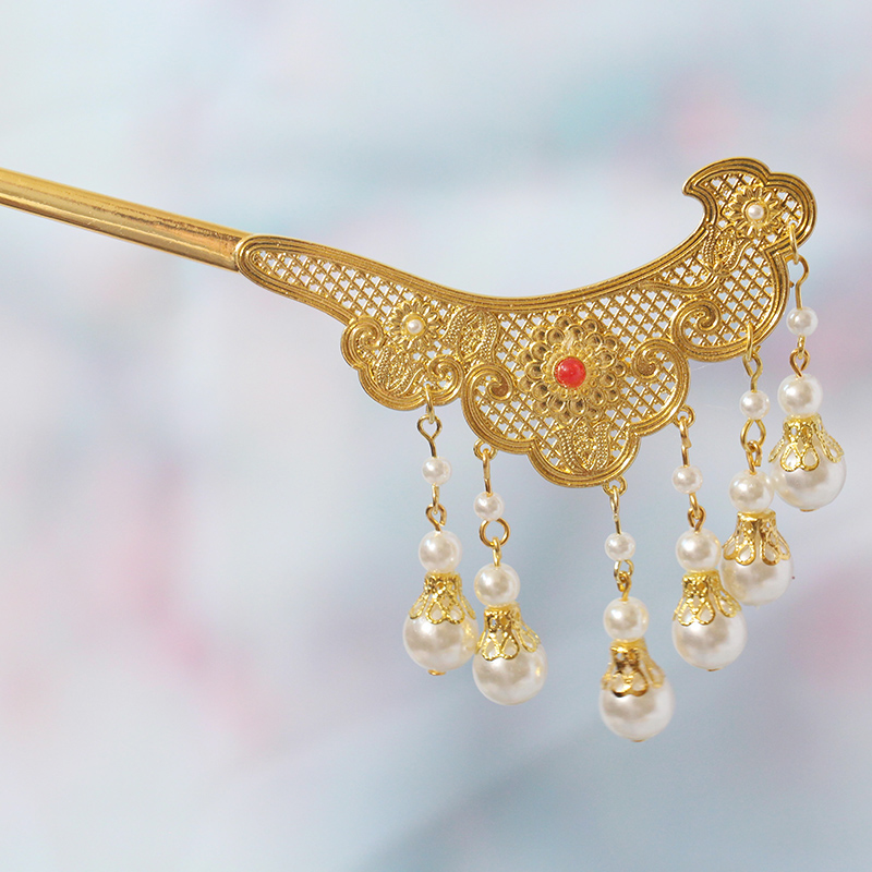 古风博鬓发簪双面刻纹簪子仿珍珠流苏头饰古代贵妇结婚礼头饰发钗