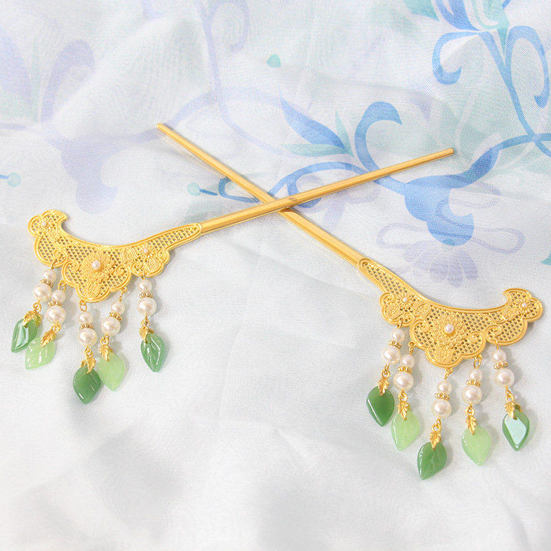 古风博鬓发簪双面可用刻纹簪子树叶流苏头饰古代贵妇结婚头饰发钗