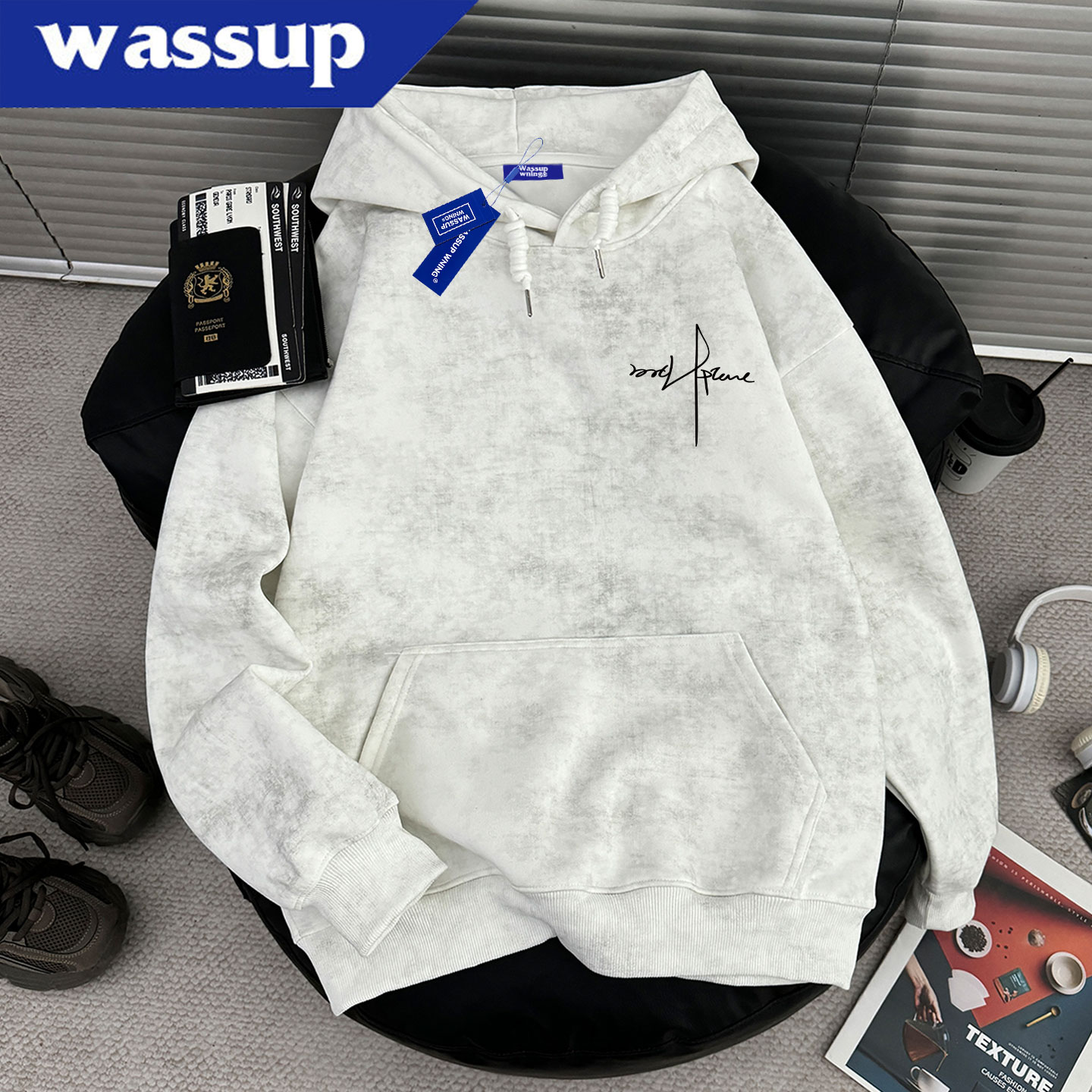 WASSUP国潮美式高街蜡染连帽卫衣男女秋冬季新款宽松休闲情侣上衣