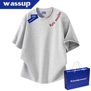WASSUP美式纯棉刺绣短袖t恤男款夏季2026新款青少年潮流情侣上衣