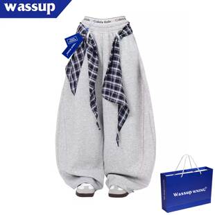 男春秋休闲宽松爵士舞直筒阔腿长裤 WASSUP美式 复古松弛感弯刀卫裤