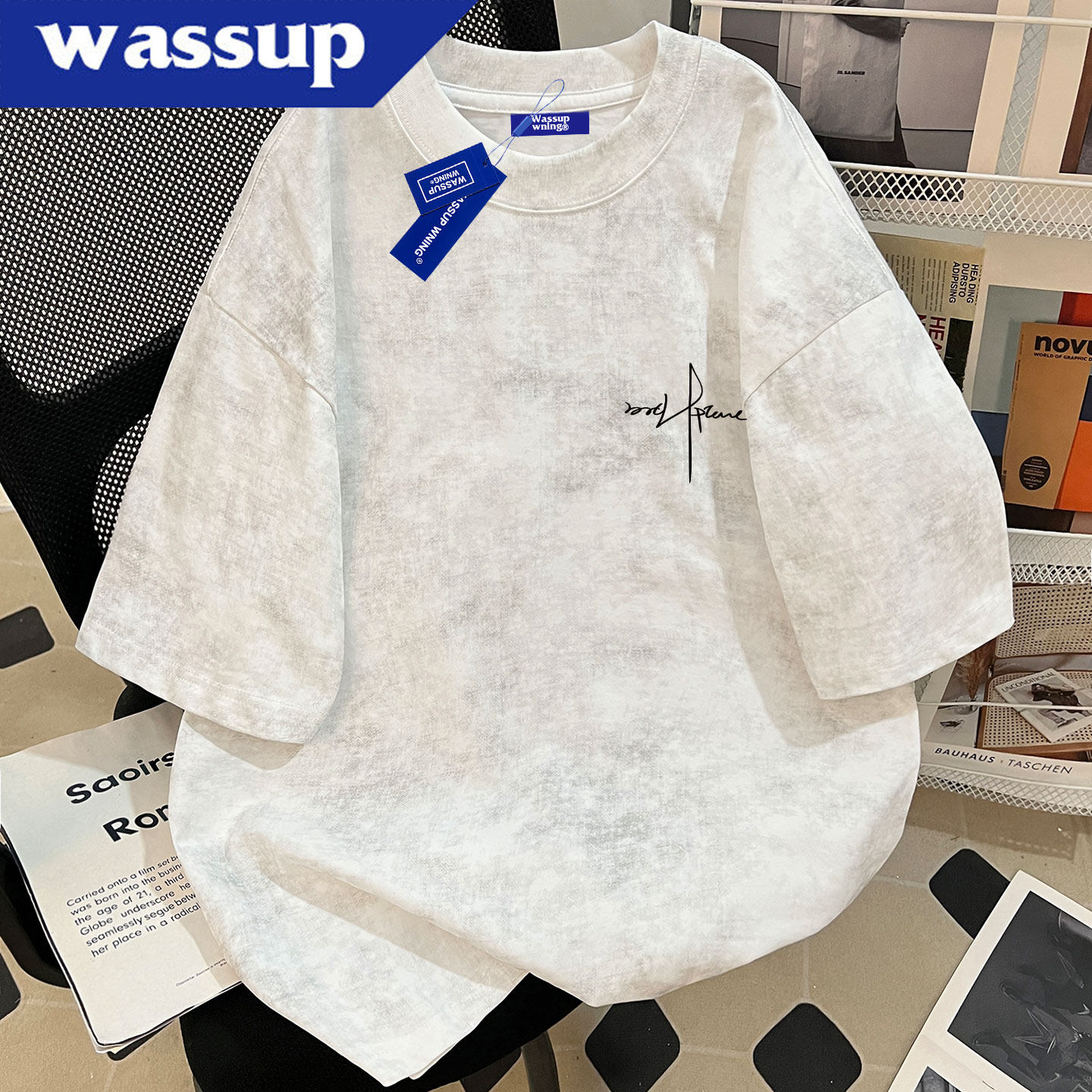 WASSUP国潮牌纯棉重磅创意字母宽松短袖T恤男女情侣上衣新款夏季
