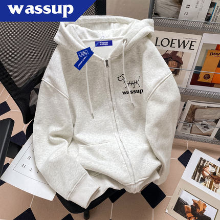 WASSUP美式复古开衫卫衣男秋冬季加绒加厚宽松休闲国潮牌情侣外套