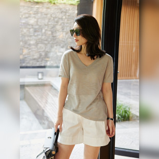 直筒宽松V领休闲针织短袖 LORRAINE 微透薄款 慵懒晚风 T恤