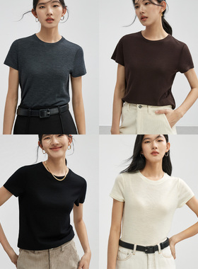 LORRAINES 精致通勤-180S超细美利奴羊毛0压感圆领针织短袖T恤