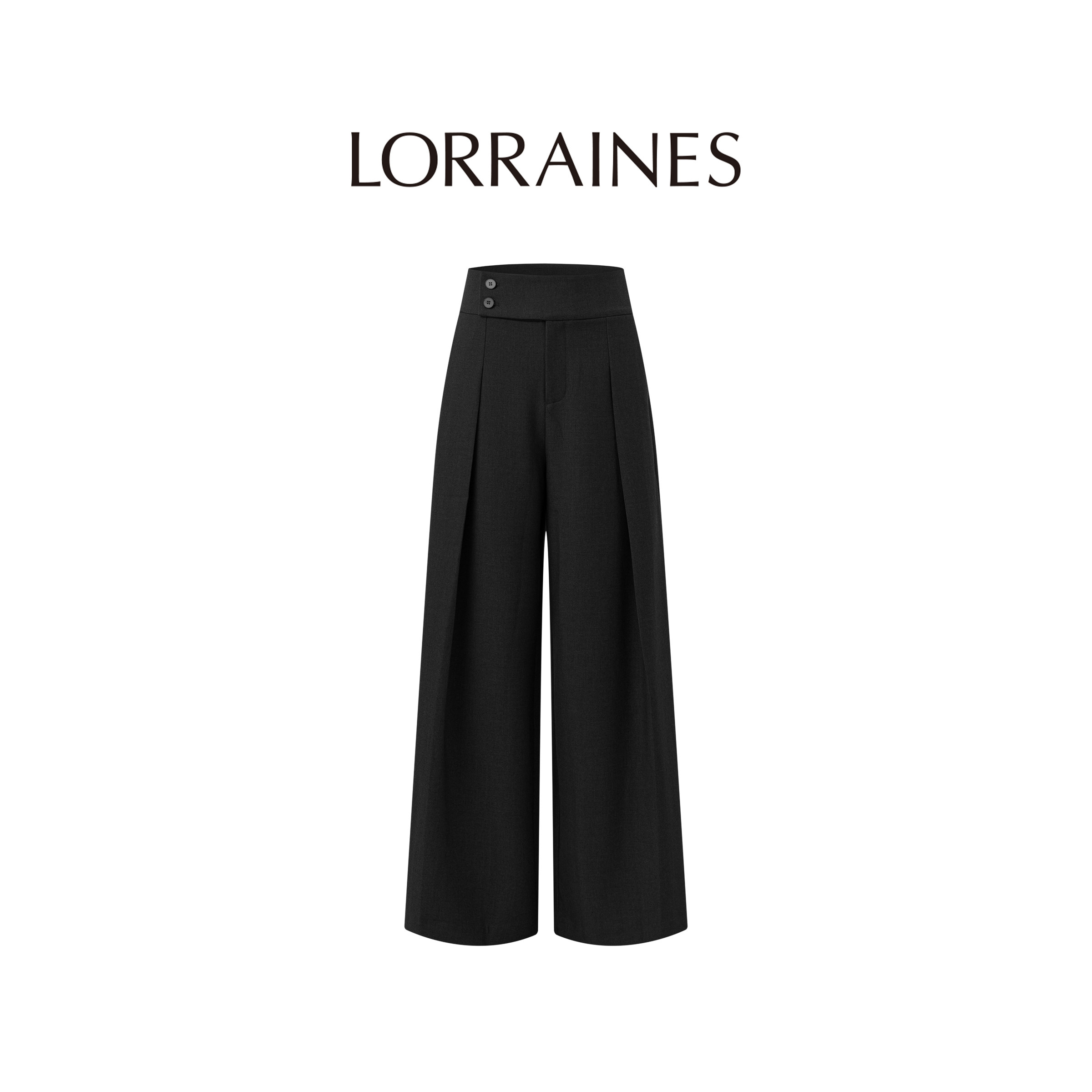 LORRAINES 优雅气场-高腰双扣压褶垂感直筒阔腿立裁西装裤
