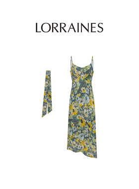 LORRAINES 法式假日-油画“虞美人”桑蚕丝混纺水墨花吊带连衣裙