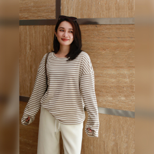 T恤打底衫 天丝羊毛圆领落肩慵懒撞色条纹长袖 太妃糖 LORRAINES