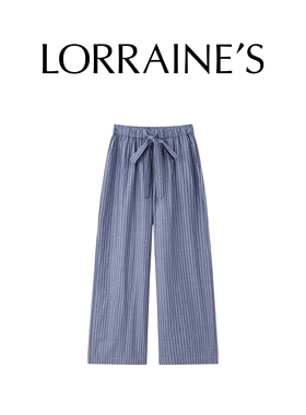 LORRAINES 居家系列-法式慵懒蓝白条纹绑带直筒休闲裤居家遛弯裤