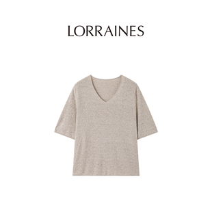 LORRAINES 精致生活系列-100桑蚕丝麻感V领落肩宽松针织上衣短袖