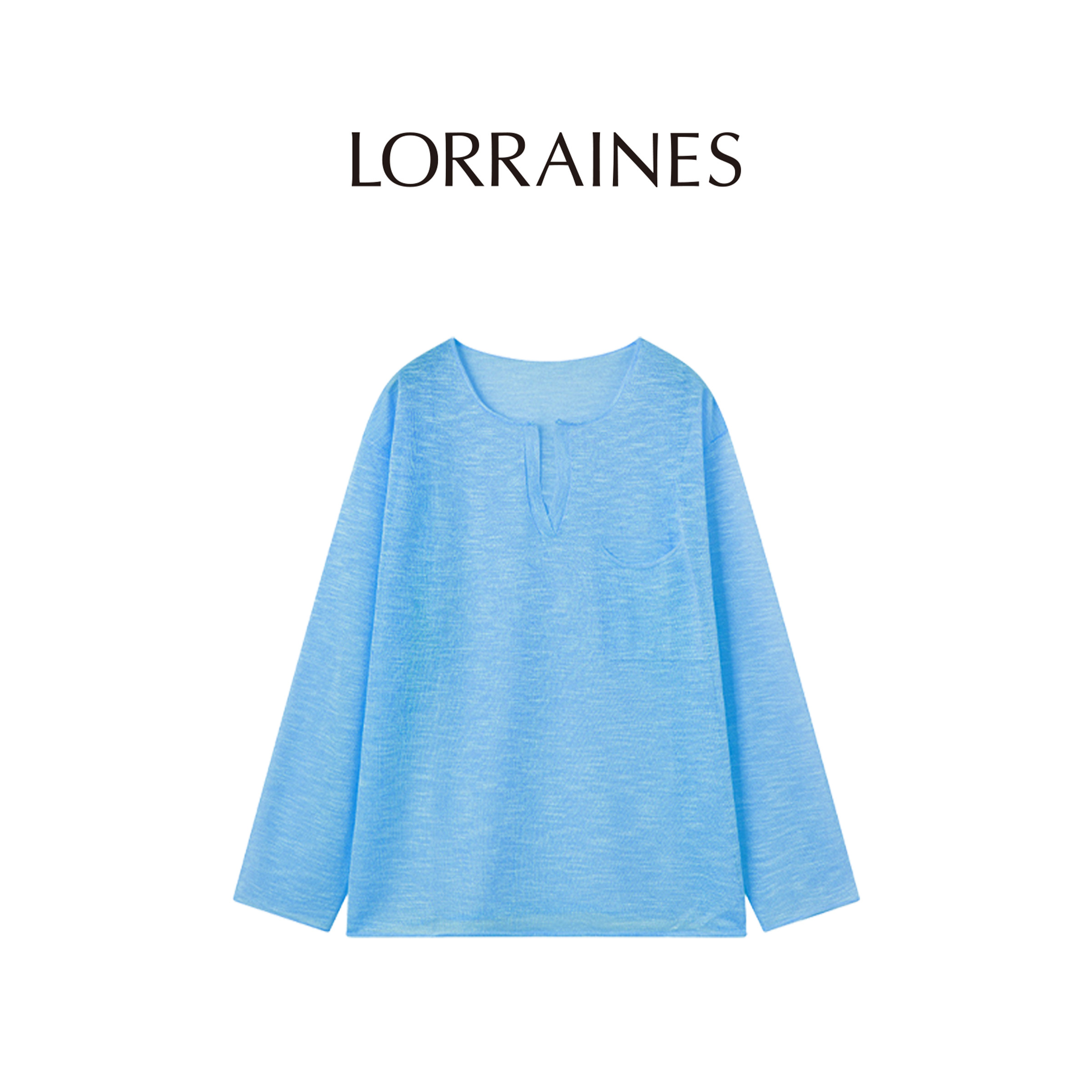 LORRAINES慢生活系列-竹纤维亚麻混纺半开领夏日凉感长袖T恤罩衫