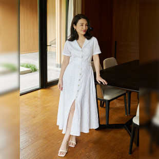 式 复古衬衫 100%亚麻法式 V领双层重工雕孔绣连衣裙 不tui不换