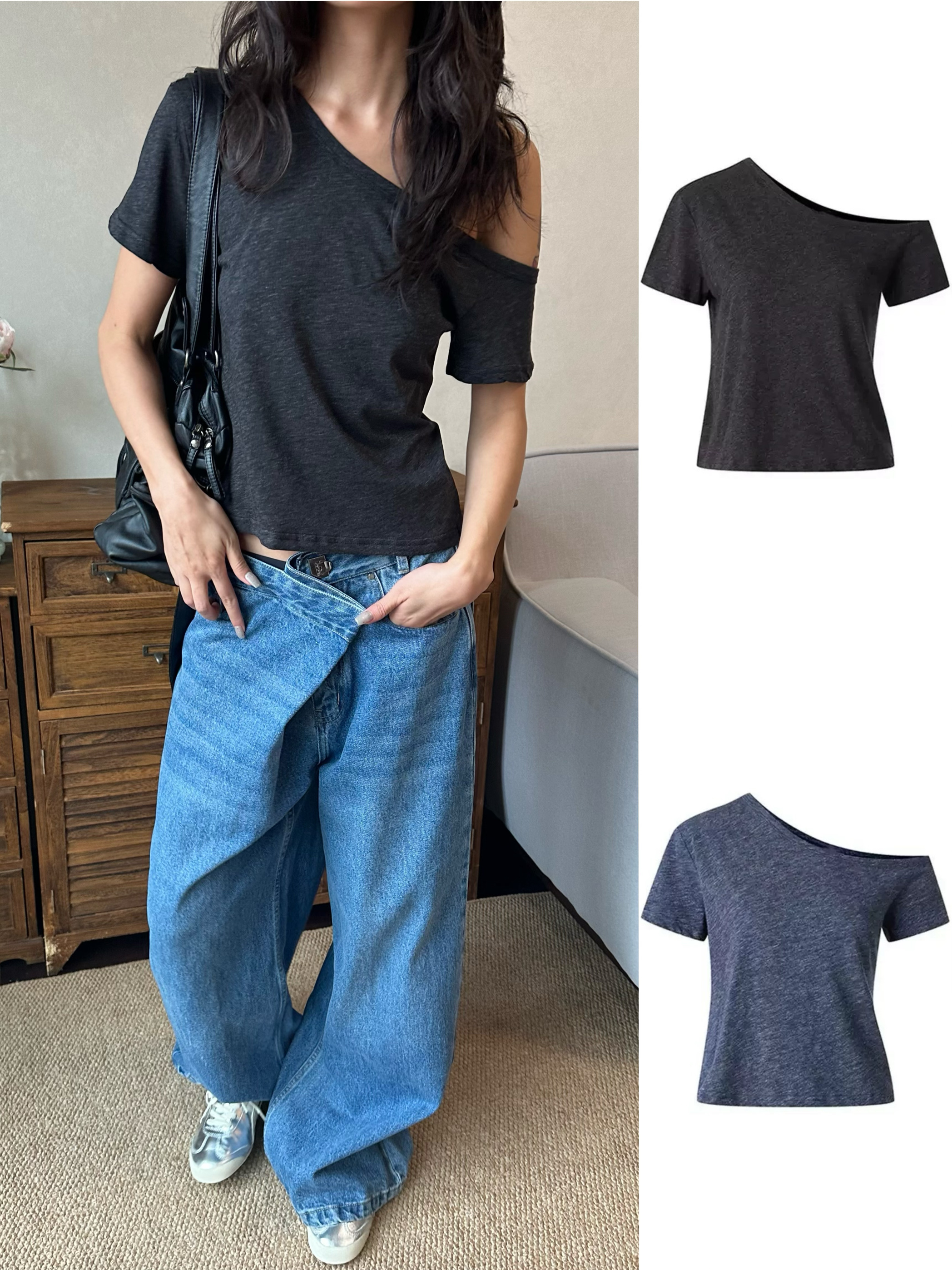 WEEEECHAN次日早晨｜斜肩云朵纱氛围感宽松休闲舒适显瘦女短袖T恤