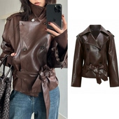 现货收腰廓形皮衣WEEEECHAN次日早晨 翻领廓形收腰系带环保皮夹克