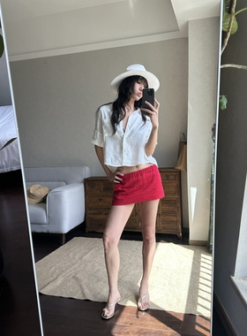 现货 还原 WEEEECHAN次日早晨 亚麻红色假日短裙裤（内有安全裤）