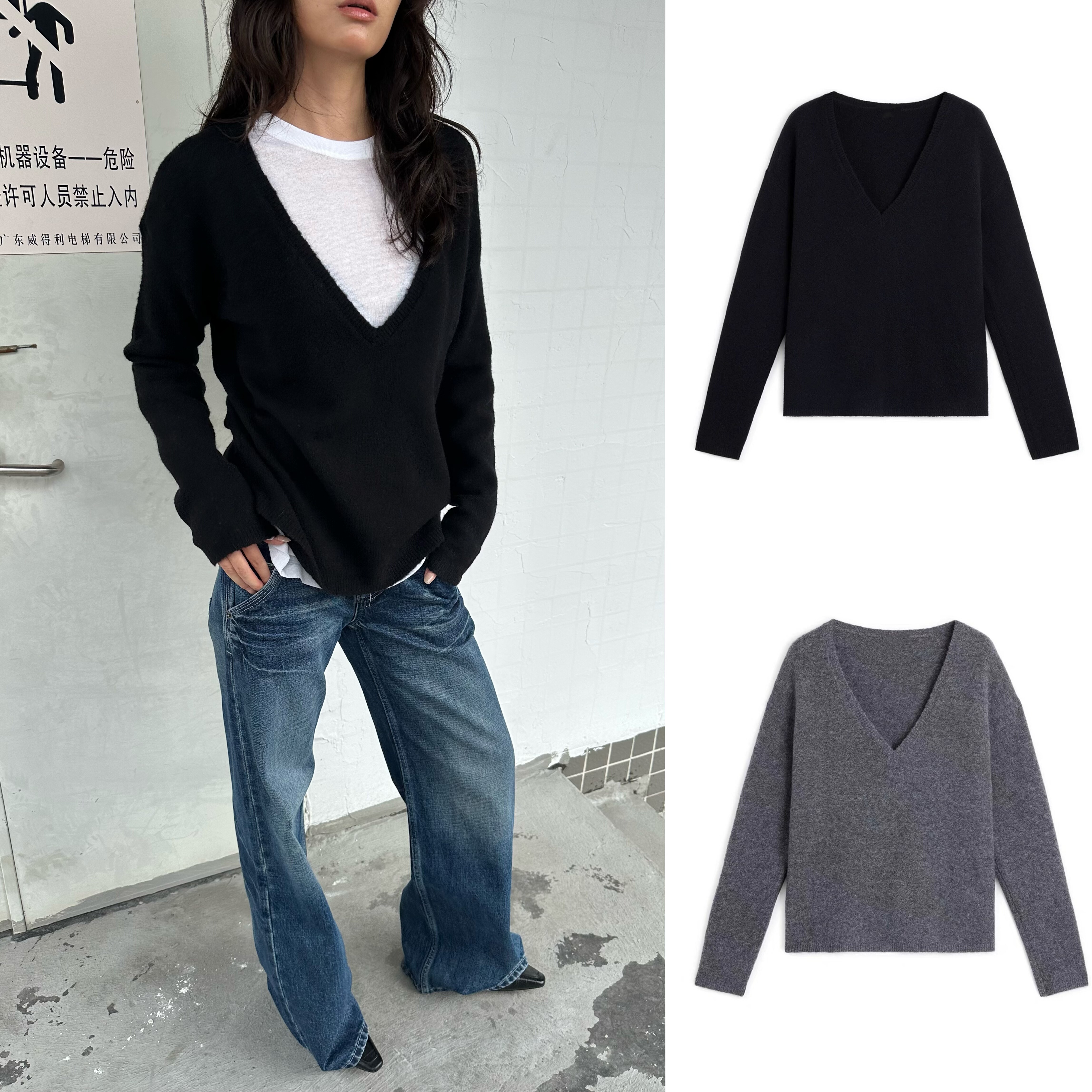 现货 WEEEECHAN次日早晨 宽松显瘦深V细羊驼毛保暖套头羊毛衫