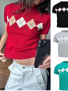 菱格纹短袖 WEEEECHAN次日早晨 针织上衣 碳酸同款 现货还原