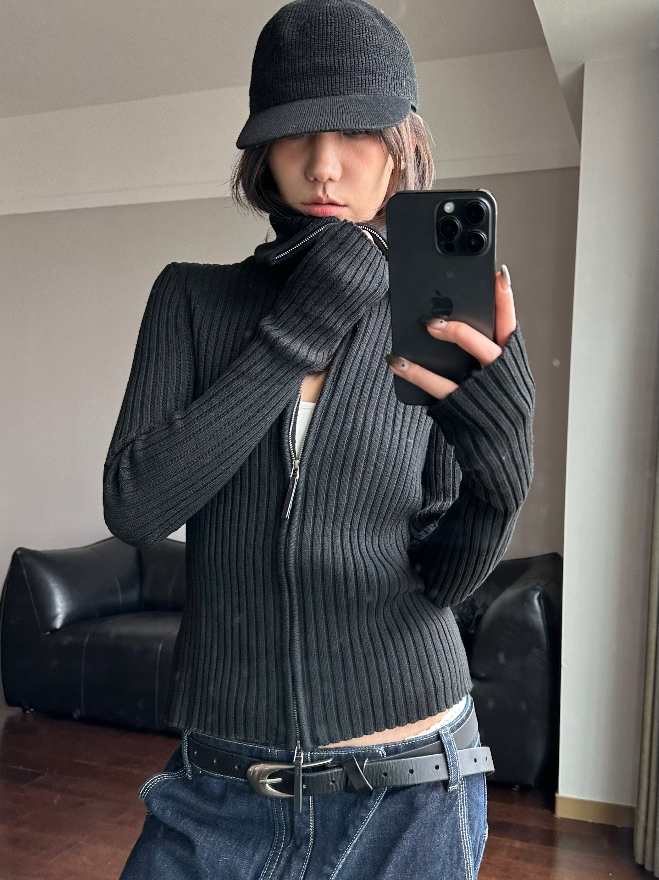 W.EEEECHAN 次日早晨 高品质 修身螺纹双拉头高领羊毛针织开衫