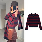 现货宅女同款 WEEEECHAN次日早晨微宽松自然肩亨利领条纹套头毛衣