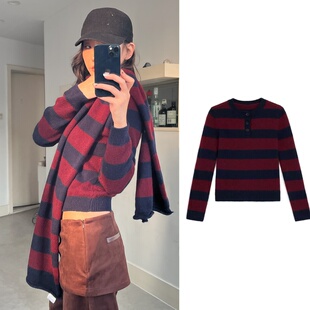 现货宅女同款 WEEEECHAN次日早晨微宽松自然肩亨利领条纹套头毛衣