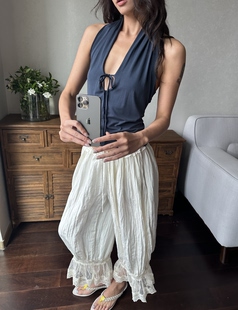 现货 WEEEECHAN 铜氨砂洗质感深v系带性感辣妹露背挂脖上衣