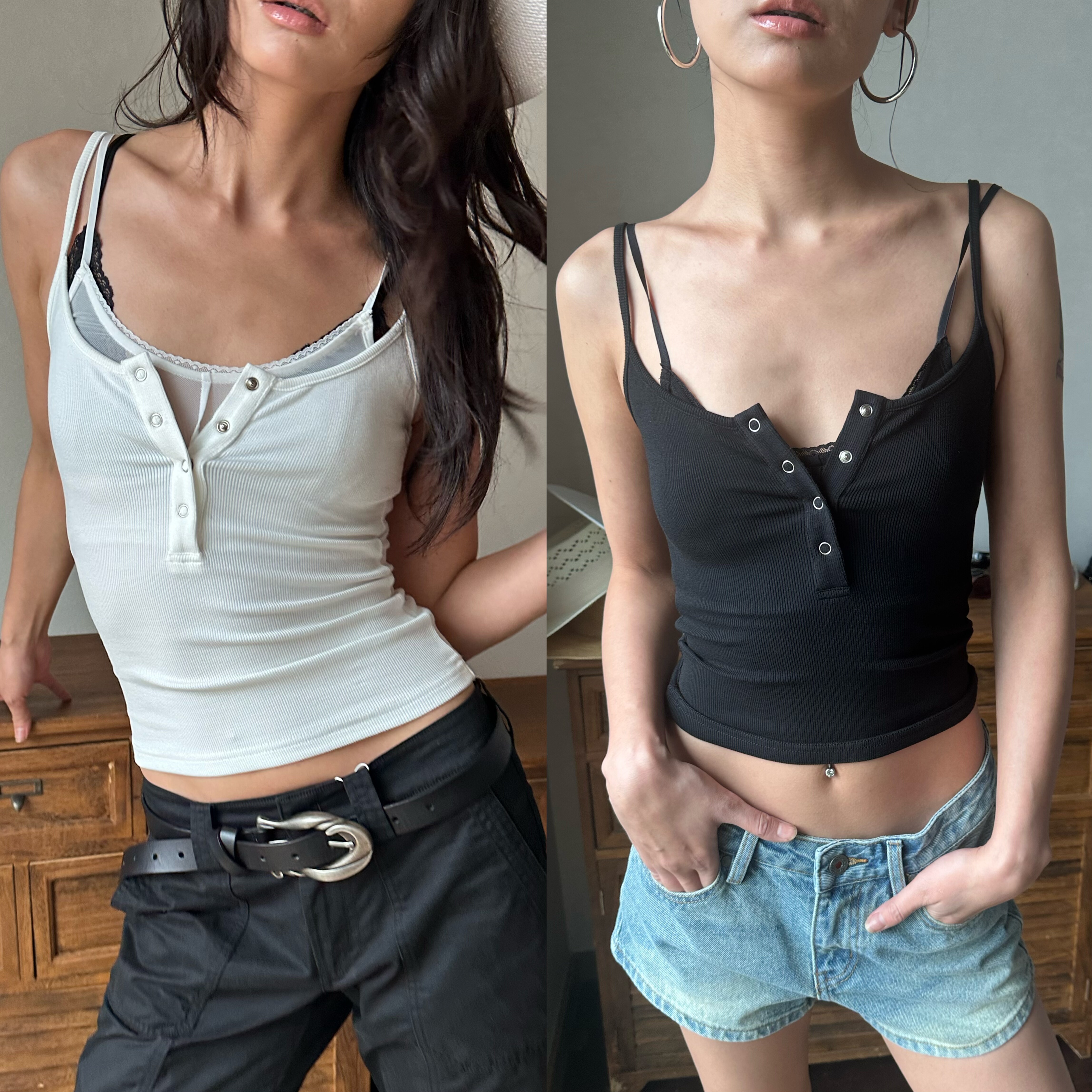 WEEEECHAN次日早晨 花边网纱拼接亨利领假两件吊带衫背心女,女装/女士精品,背心吊带,淘宝优惠券,粉丝福利购,淘宝优惠卷