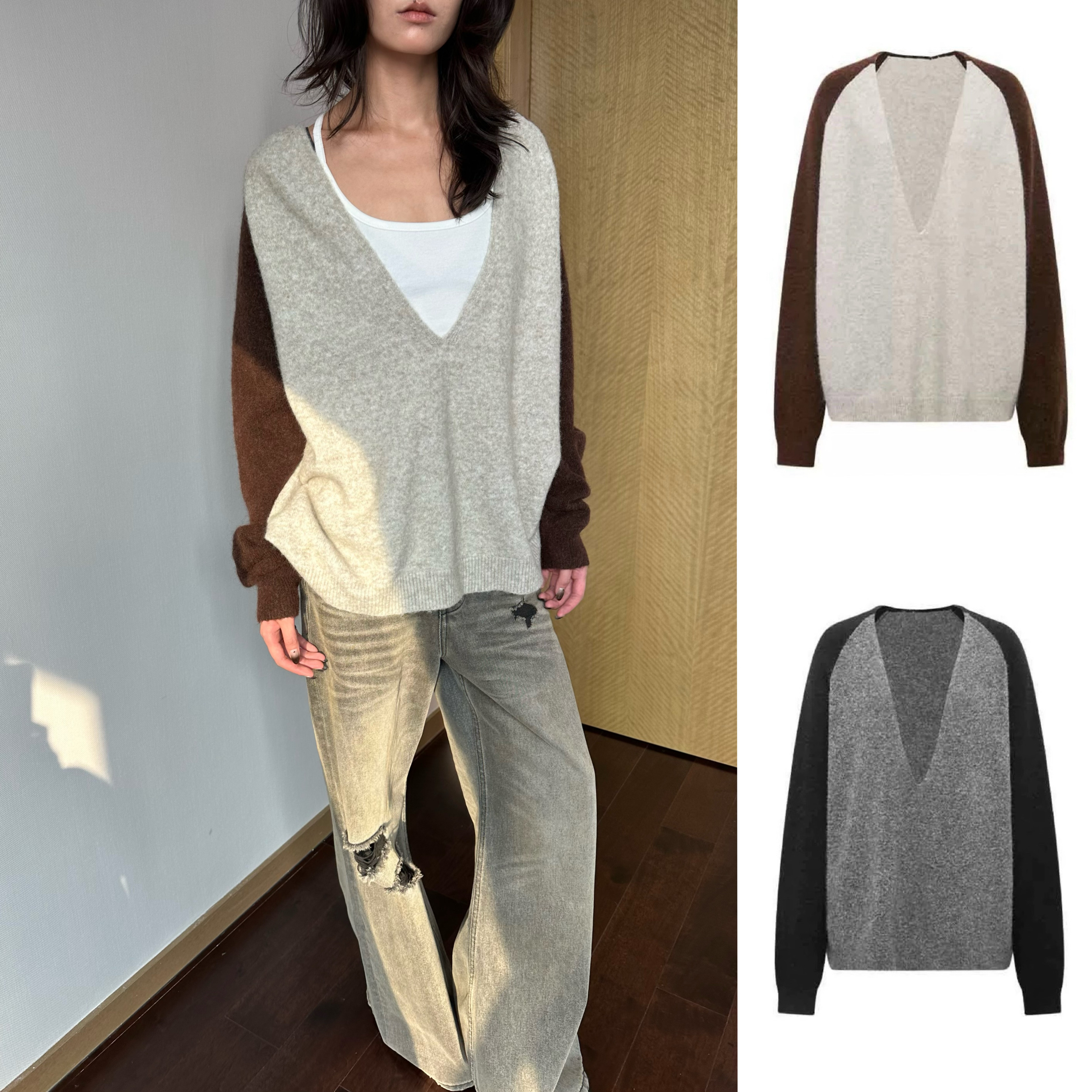 次日早晨 高品质  V领宽松马海毛插肩撞色毛衣 深灰撞黑/燕麦撞咖