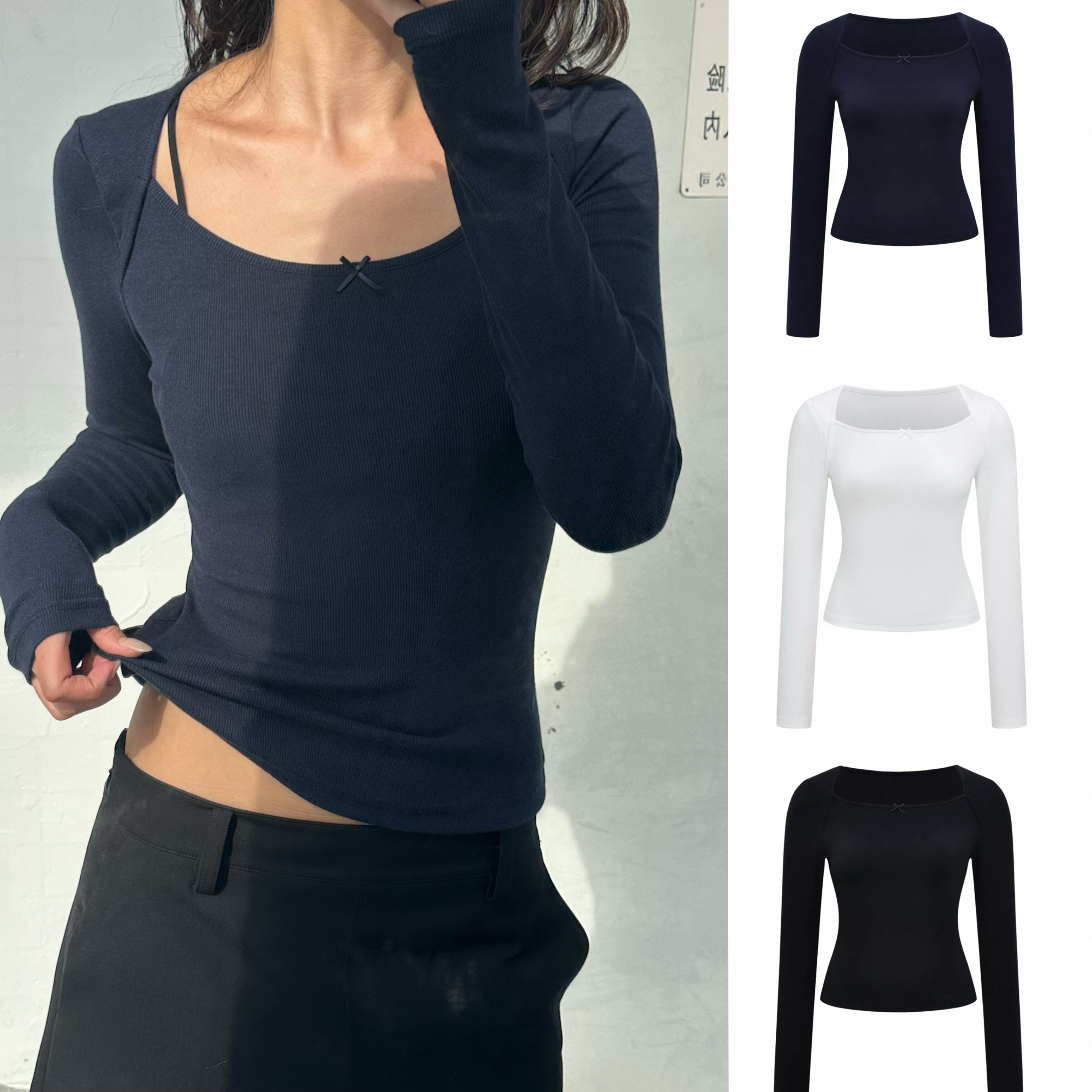 现货 WEEEECHAN次日早晨 船领蝴蝶结长袖T恤 白色/藏蓝/黑色