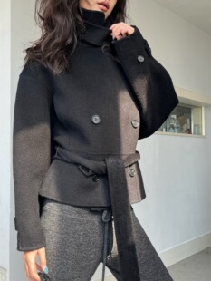 现货手工缝制  WEEEECHAN 双排扣系带短款羊毛双面呢大衣外套