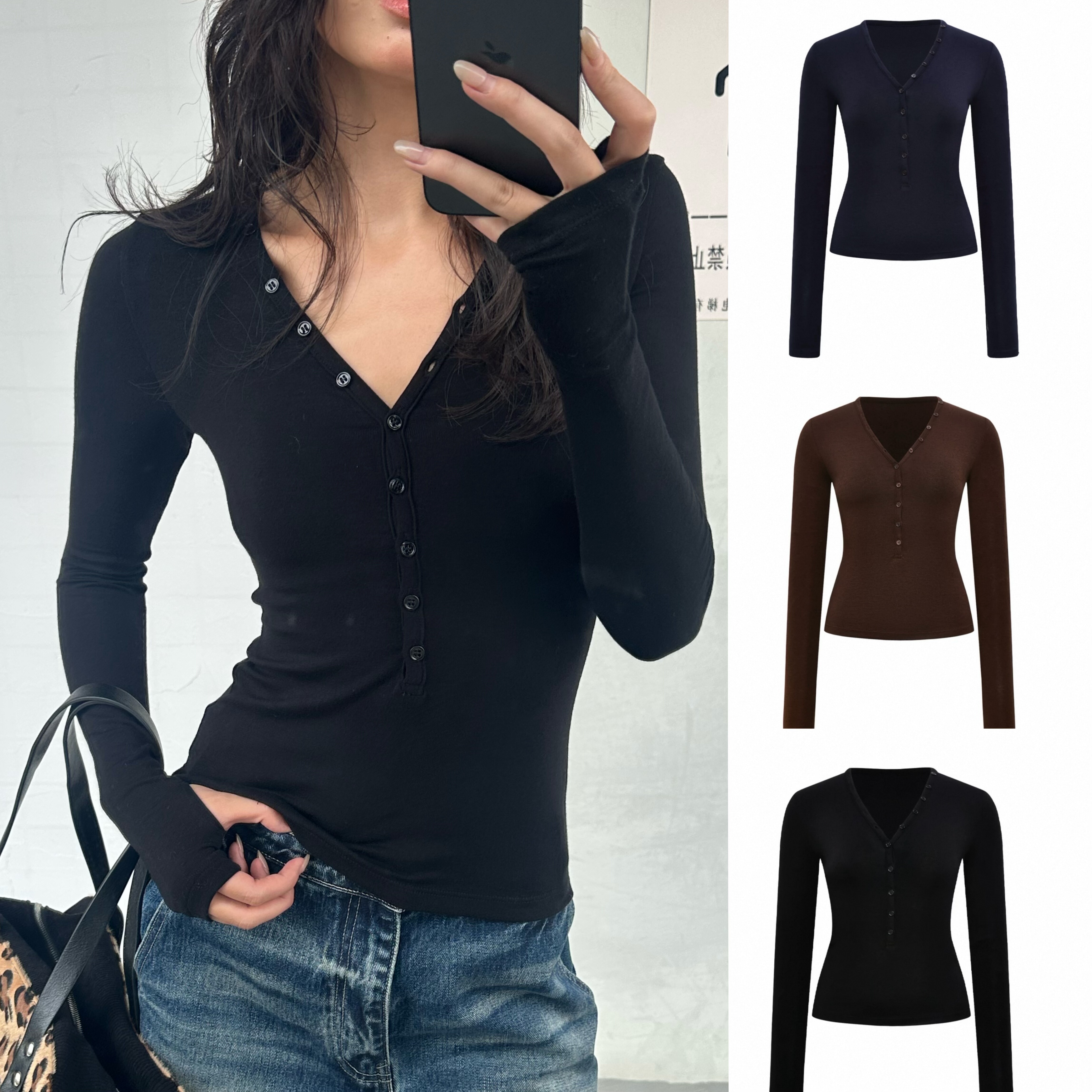 现货 天丝羊毛WEEEECHAN次日早晨 可调节V领纽扣修身针织上衣女