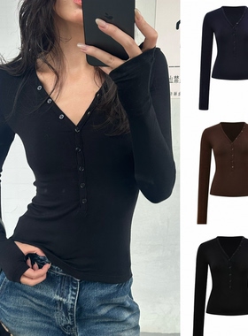 现货 天丝羊毛WEEEECHAN次日早晨 可调节V领纽扣修身针织上衣女