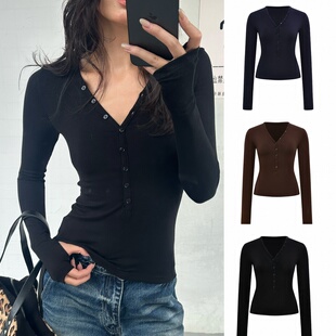 现货 天丝羊毛WEEEECHAN次日早晨 可调节V领纽扣修身针织上衣女