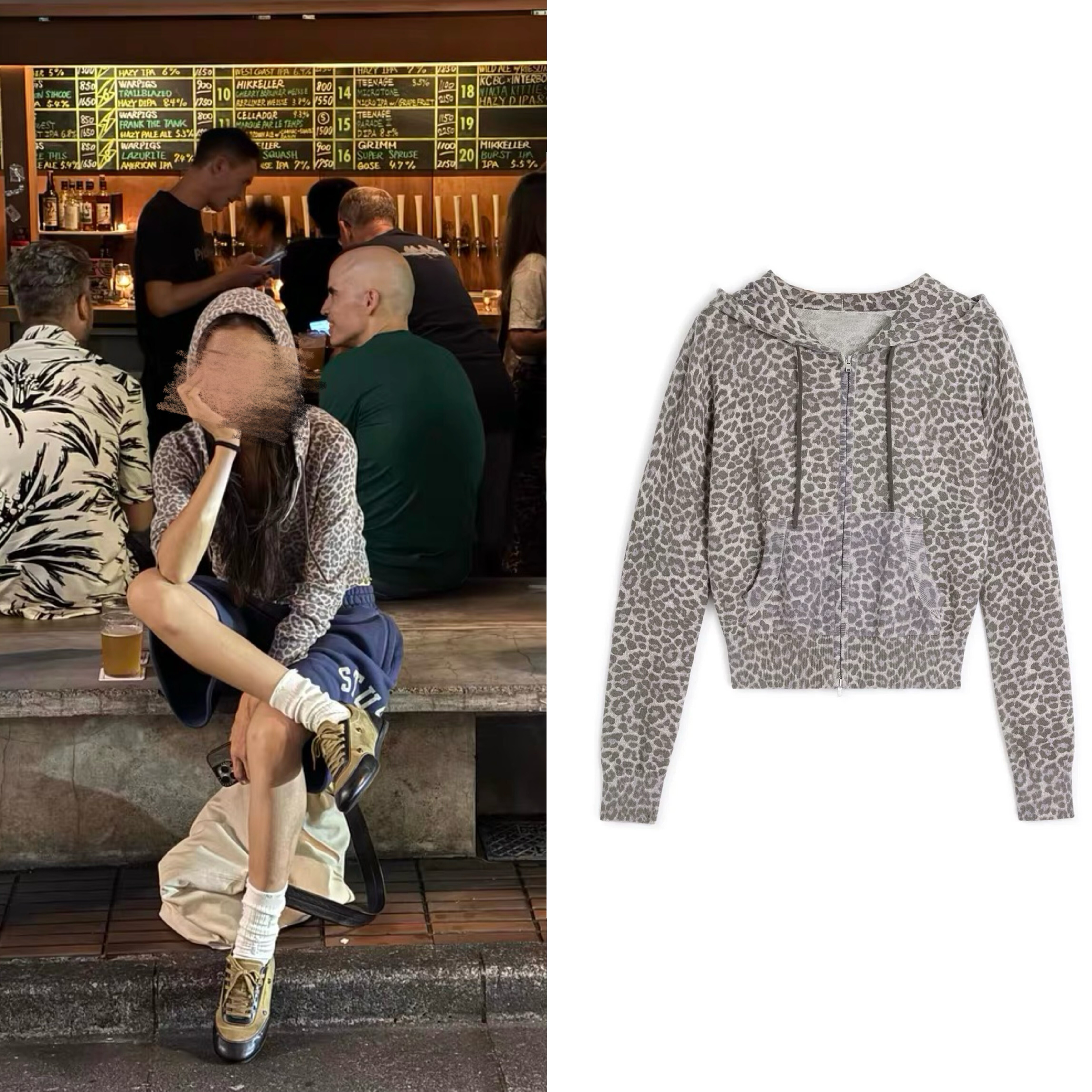 现货 还原  WEEEECHAN 豹纹磨毛衣洗旧工艺合身连帽正肩毛织开衫