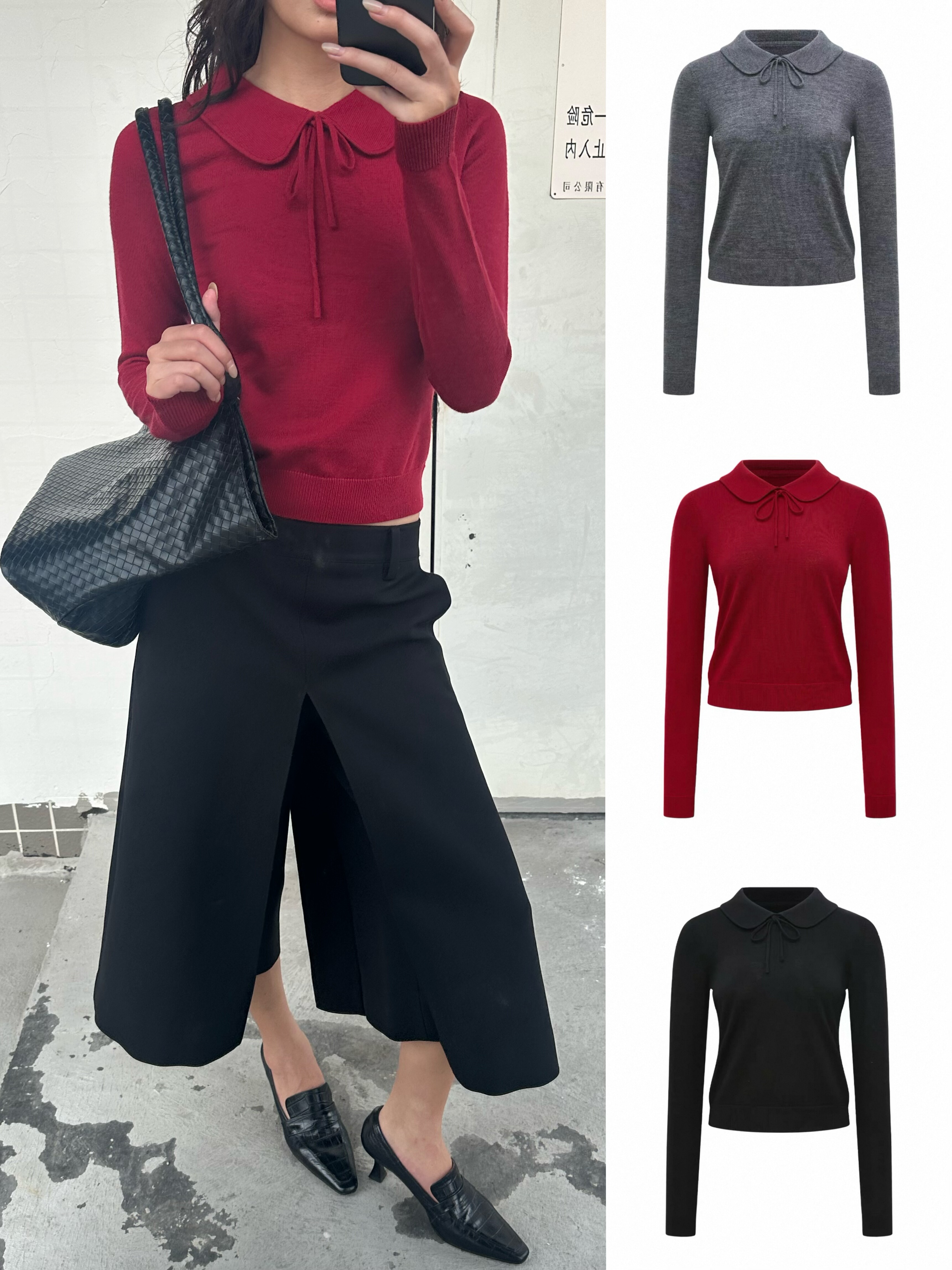 现货 100%羊毛 WEEEECHAN次日早晨 娃娃领系带羊毛针织上衣