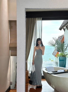 现货 易梦玲同款 纯色吊带鱼尾修身拖地长裙