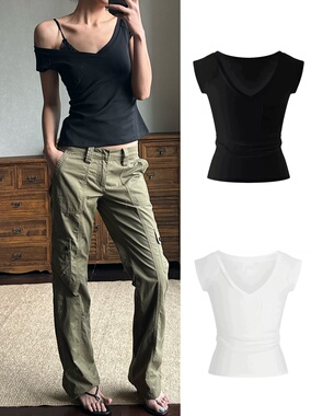 WEEEECHAN次日早晨 “Baby”V领斜肩收腰贴袋显瘦T恤女 黑色/白色