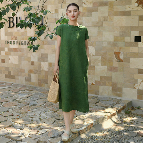 鹿与安笛亚麻印花连衣裙女夏长裙