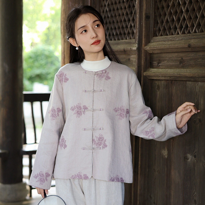 新中式女装2026秋季新款亚麻外套女中国风复古高级感宽松绣花上衣