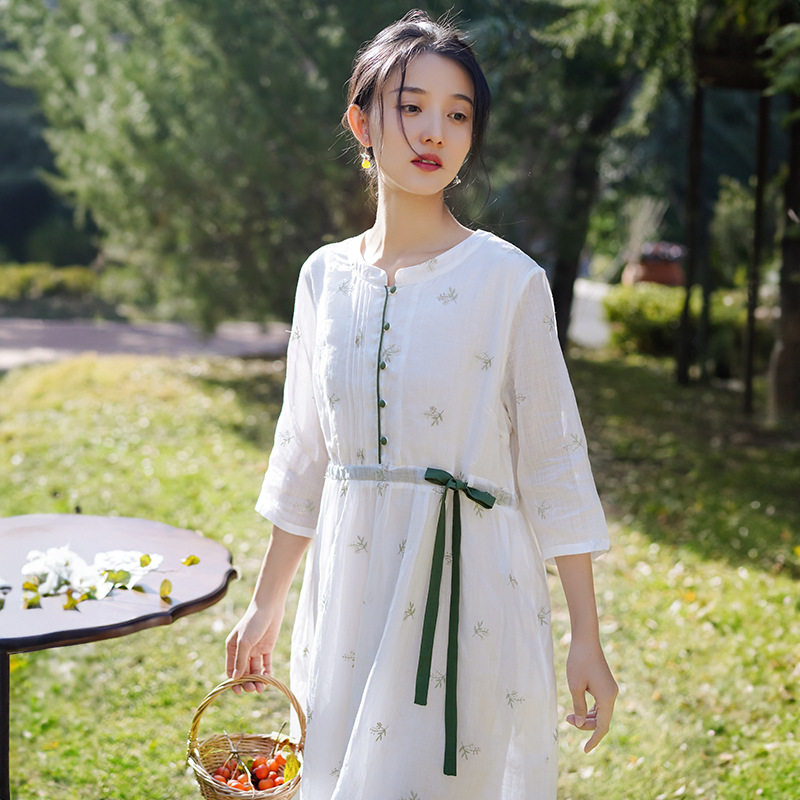 新中式女装苎麻连衣裙新款轻奢高级感原创设计夏季棉麻裙国风复古