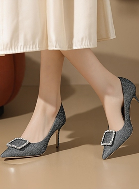 欧美女鞋39.42码格力闪粉方扣钻尖头浅口细高跟时装大码单鞋