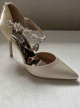 单鞋断码瑕疵34.35码真丝绸面水钻尖头浅口细高跟红色婚鞋