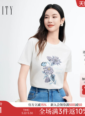FINITY菲妮迪T恤2026夏季新款简约宽松圆领印花白色短袖上衣女装