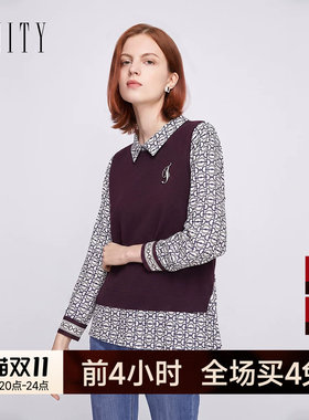 FINITY菲妮迪雪纺衫2026秋季新款通勤翻领简约印花显瘦长袖上衣女