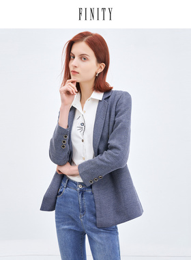 FINITY2023春装气质V领格纹西装女设计感休闲修身外套上衣女