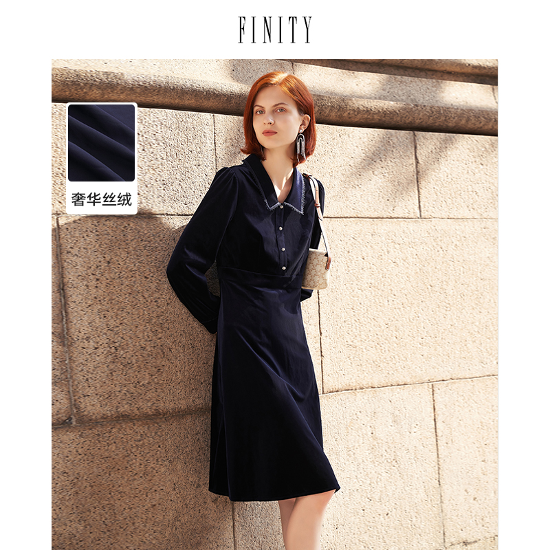 FINITY2023春季丝绒连衣裙气质设计感宽松休闲中长款裙子女